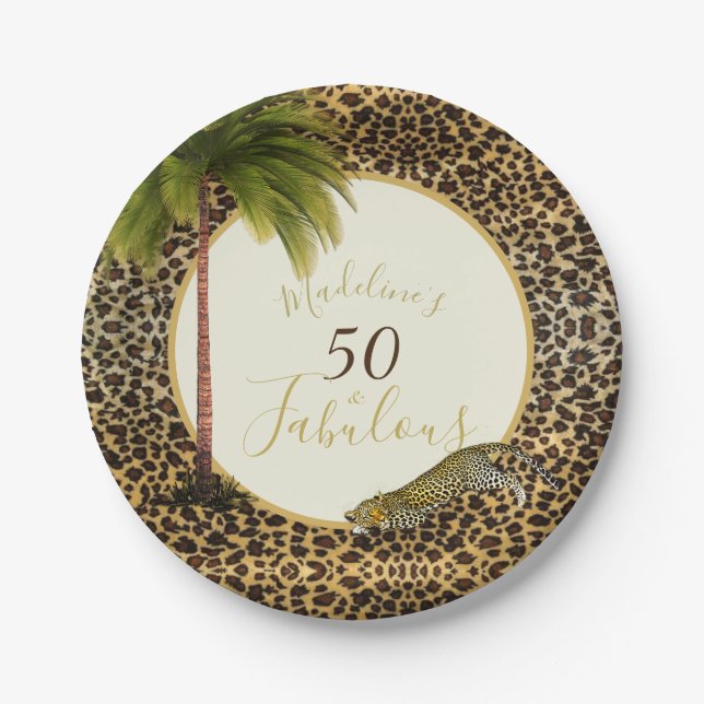 50 Fabulous Fiftieth Leopard Print Wild Birthday Paper Plates (Front)