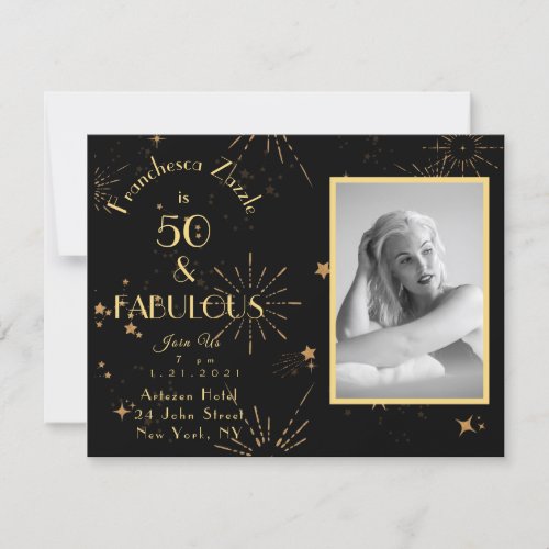 50 Fabulous fireworks gold black Invitation