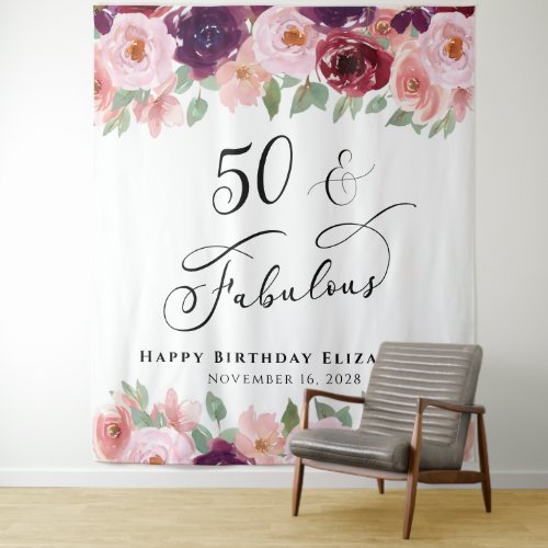 50 Fabulous Floral Watercolor Birthday Party Tapestry