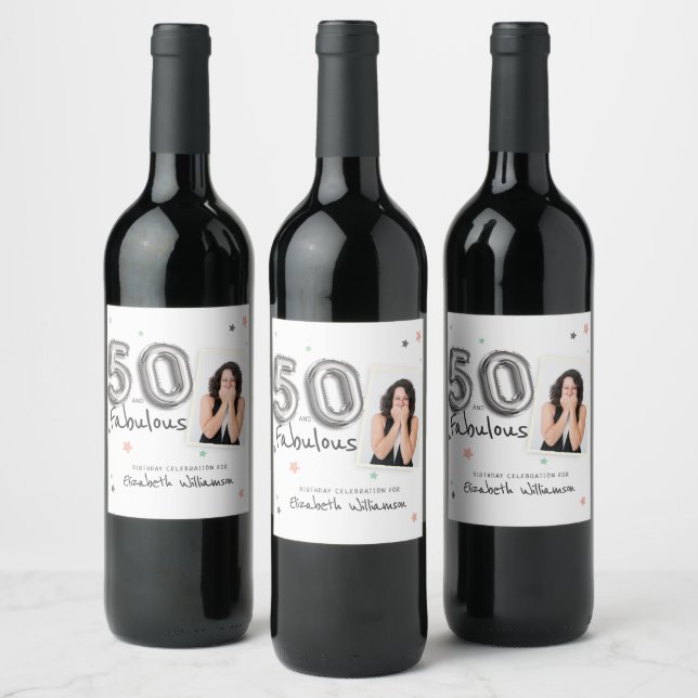 50 & Fabulous Foil Balloon Stars Photo Birthday Wine Label (Bottles)