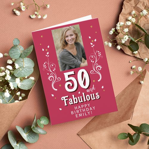 50  Fabulous Foliage Magent 50th Birthday Photo Card