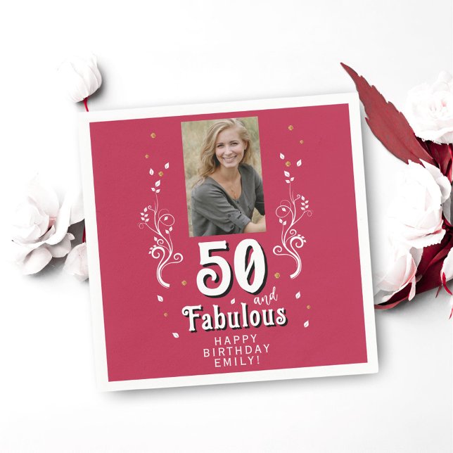 50 & Fabulous Foliage Magenta 50th Birthday Photo Napkins (Creator Uploaded)