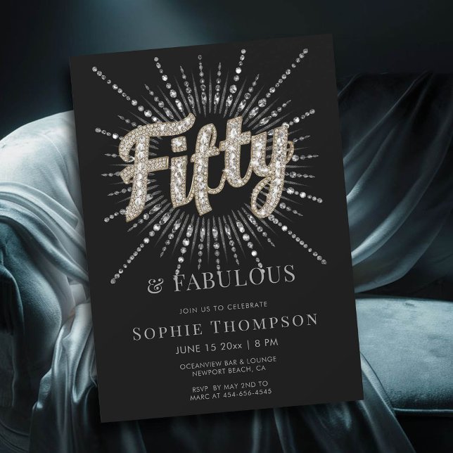 50 Fabulous Glam Glitter Burst Black 50th Birthday Invitation (50 and fabulous glitter glam modern black invitation)