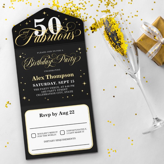 50 & Fabulous Glamorous Gold Birthday Party All In One Invitation (Creator Uploaded)
