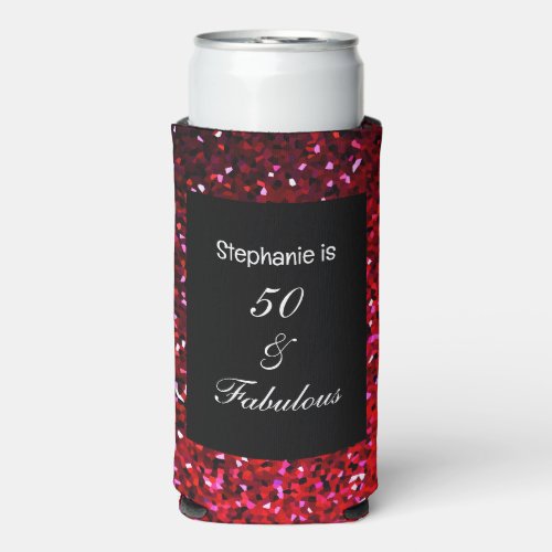 50 Fabulous Glitter Birthday Burgundy Pink Red Seltzer Can Cooler