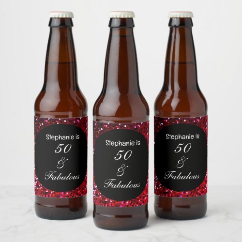 50 Fabulous Glitter Birthday Burgundy Red Pink  Beer Bottle Label
