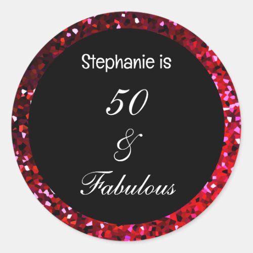 50 Fabulous Glitter Birthday Burgundy Red Pink  Classic Round Sticker