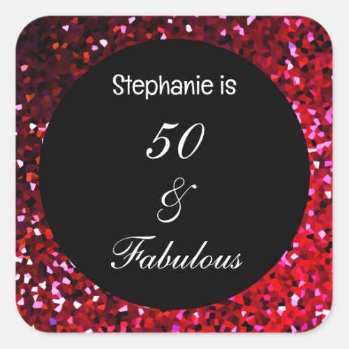 50 Fabulous Glitter Birthday Burgundy Red Pink  Square Sticker