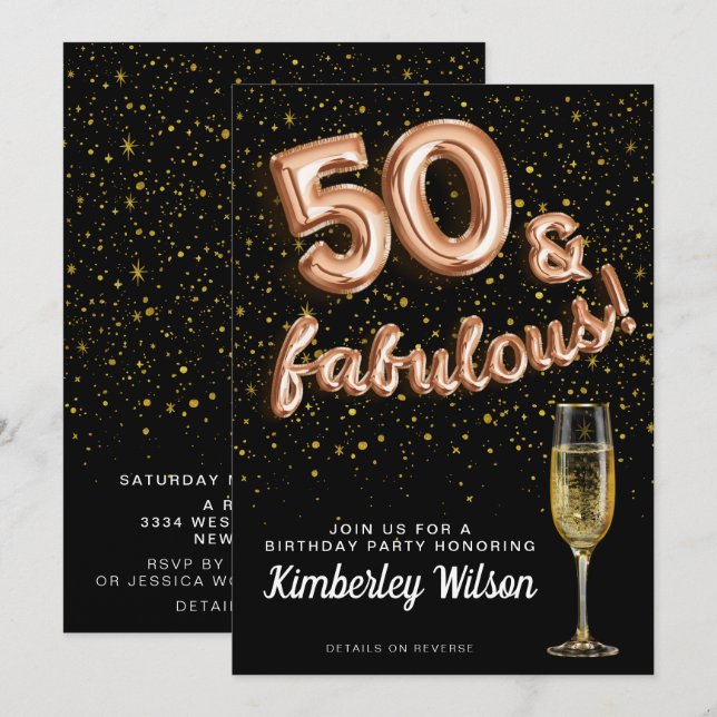 50 & Fabulous Glitter Black Rose Gold Balloon Type Invitation (Front/Back)