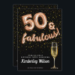 50 & Fabulous Glitter Black Rose Gold Balloon Type Invitation<br><div class="desc">Celebrate your 50th Birthday in style with this fresh,  modern 50 and Fabulous design birthday invitation! With the text '50 & Fabulous' in a cute balloon text typography,  a black background,  gold glitter confetti and stars,  and a bubbly glass of champagne,  this design sets a fun and festive mood!</div>