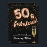 50 & Fabulous Glitter Black Rose Gold Balloon Type Invitation<br><div class="desc">Celebrate your 50th Birthday in style with this fresh,  modern 50 and Fabulous design birthday invitation! With the text '50 & Fabulous' in a cute balloon text typography,  a black background,  gold glitter confetti and stars,  and a bubbly glass of champagne,  this design sets a fun and festive mood!</div>