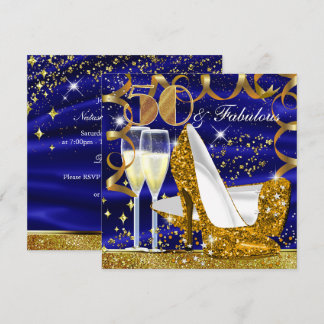 50 Fabulous Glitter Blue Gold Birthday Invite