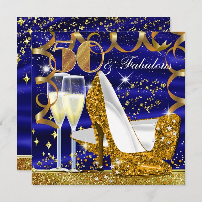 50 Fabulous Glitter Blue Gold Birthday Invite (Front/Back)