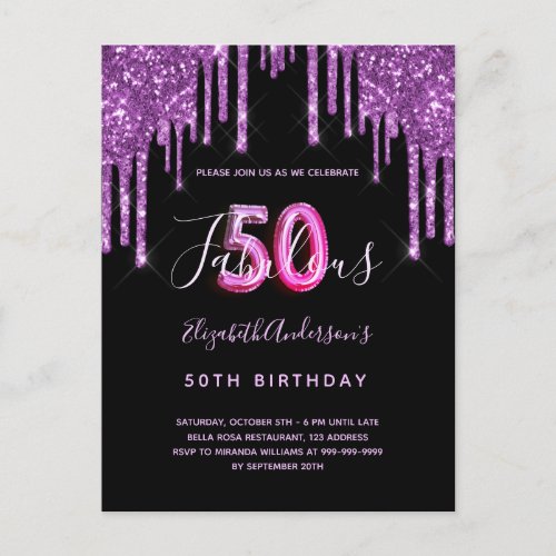 50  Fabulous glitter drip black purple invitation Postcard