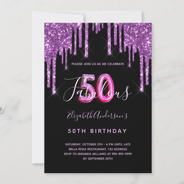 50 & Fabulous glitter dripping black purple glam Invitation (Front)