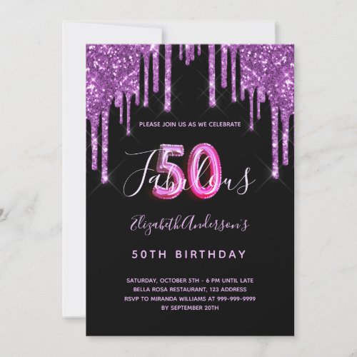 50  Fabulous glitter dripping black purple glam Invitation