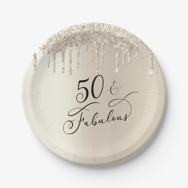 50 Fabulous Glitter Gold Champagne Birthday Party Paper Plates (Front)