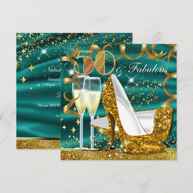 50 Fabulous Glitter Gold Jade Birthday Invite (Front/Back)