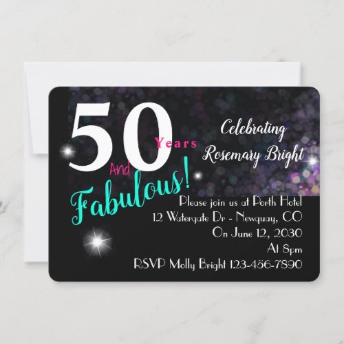 50 fabulous glitter on black versatile invitation