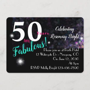 50 fabulous, glitter on black, versatile invitation