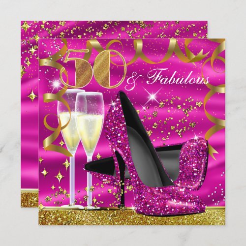 50 Fabulous Glitter Pink Gold Birthday Invite