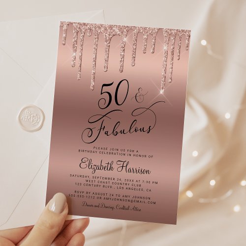 50 Fabulous Glitter Rose Gold Birthday Party Invitation