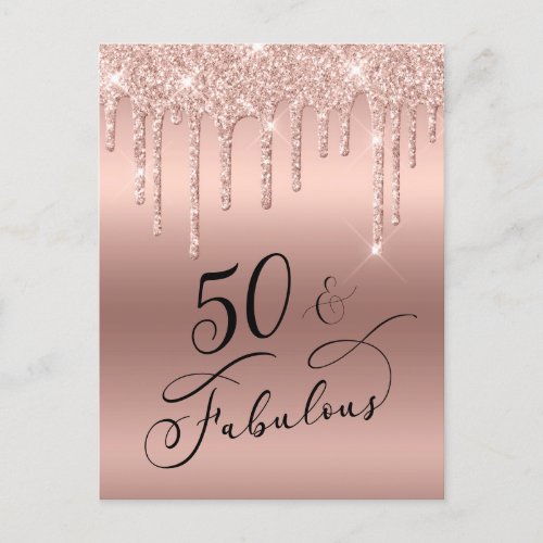 50 Fabulous Glitter Rose Gold Birthday Party Invitation Postcard