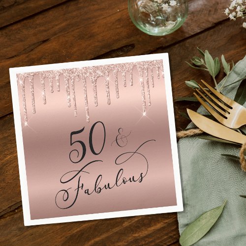 50 Fabulous Glitter Rose Gold Birthday Party Napkins