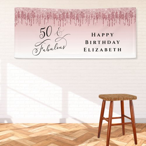 50 Fabulous Glitter Rose Gold Pink Birthday Party Banner