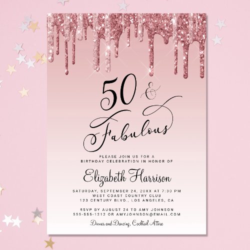 50 Fabulous Glitter Rose Gold Pink Birthday Party Invitation