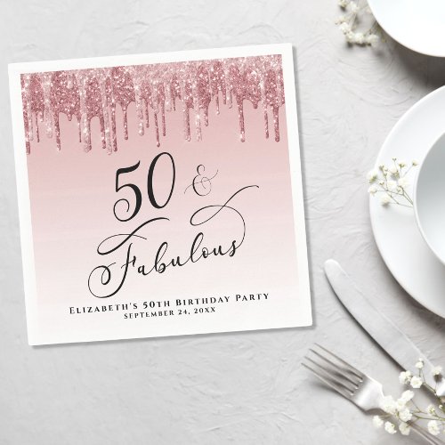 50 Fabulous Glitter Rose Gold Pink Birthday Party Napkins