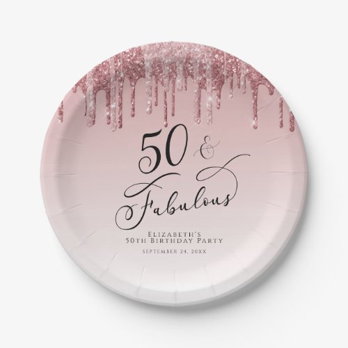 50 Fabulous Glitter Rose Gold Pink Birthday Party Paper Plates