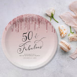 50 Fabulous Glitter Rose Gold Pink Birthday Party Paper Plates<br><div class="desc">Elegant and chic personalized 50th birthday party paper plates. "50 & Fabulous" is written in stylish script against a pink ombre background,  with pink and rose gold faux glitter dripping from the top. You can personalize with her name and date of the party.</div>