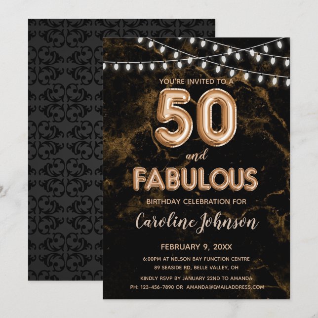50 & Fabulous Gold Balloon Birthday Invitations (Front/Back)