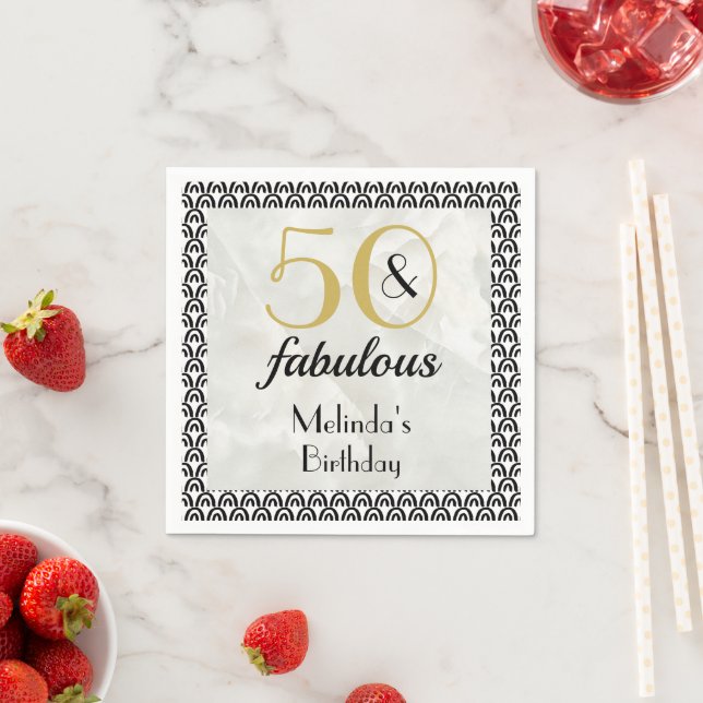 50 & Fabulous Gold & Black Marble Birthday Napkins (Insitu)