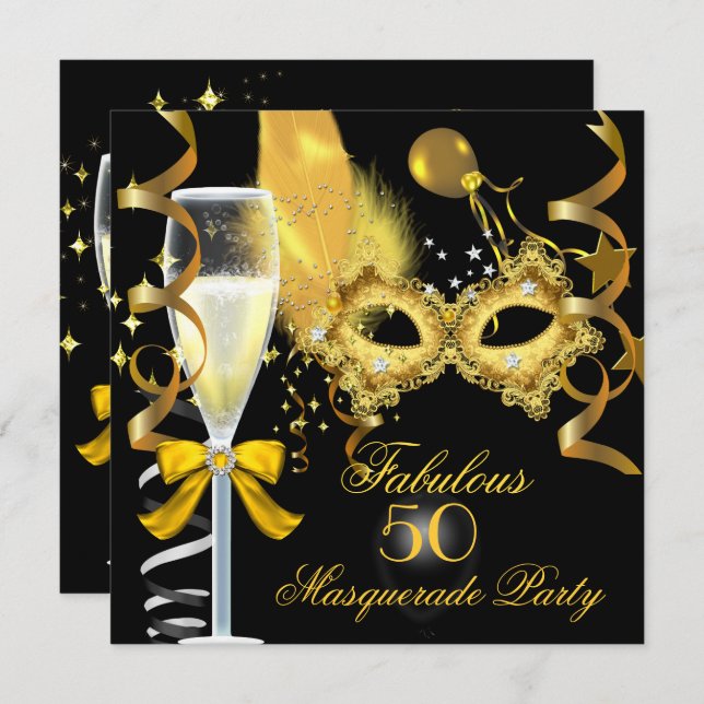 50 & Fabulous Gold Black Masquerade Party Invitation (Front/Back)
