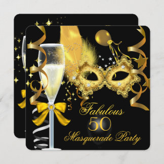 50 & Fabulous Gold Black Masquerade Party Invitation