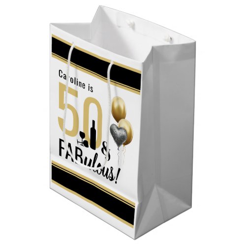 50  Fabulous Gold  Black Modern Birthday Medium Gift Bag