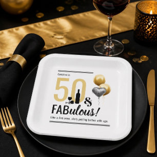 50 & Fabulous Gold & Black Modern Birthday Paper Plates