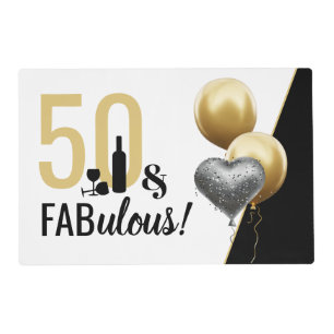 50 & Fabulous Gold & Black Modern Birthday Placemat