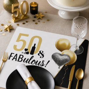 50 & Fabulous Gold & Black Modern Birthday Placemat