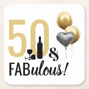 50 & Fabulous Gold & Black Modern Birthday Square Paper Coaster