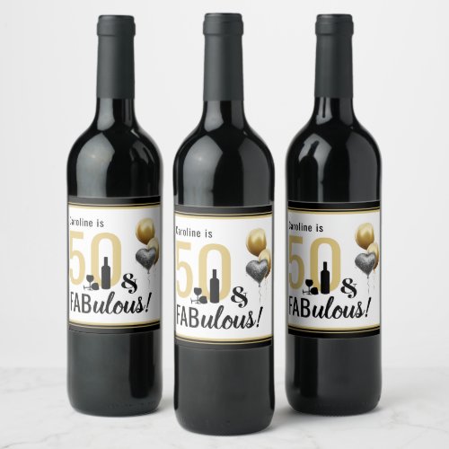 50  Fabulous Gold  Black Modern Birthday Wine Label