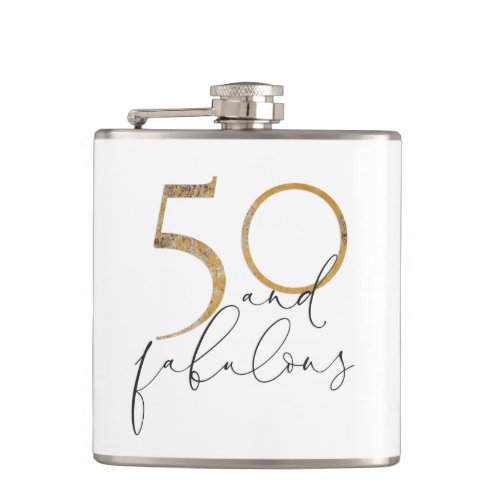 50  Fabulous Gold Black  White 50th Birthday Flask