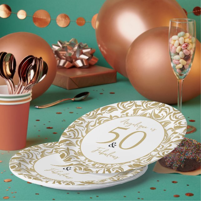 50 & Fabulous Gold Floral Pattern 50th Birthday Paper Plates (Multi)