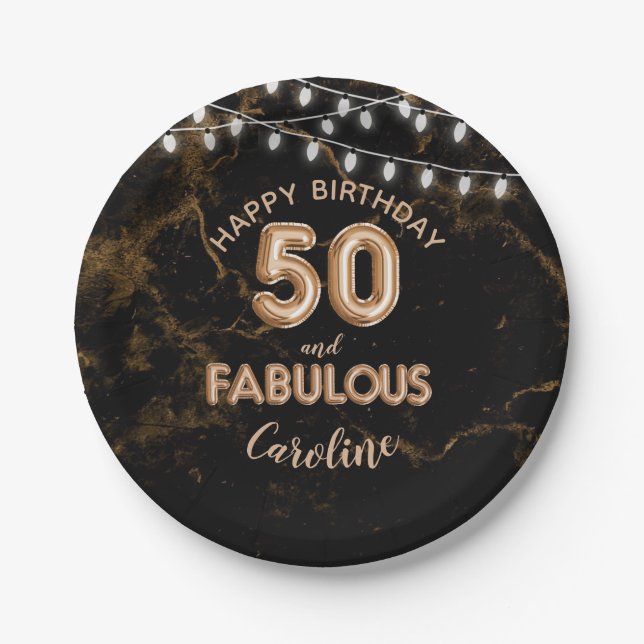50 & Fabulous Gold Foil Balloons & String Lights Paper Plates (Front)