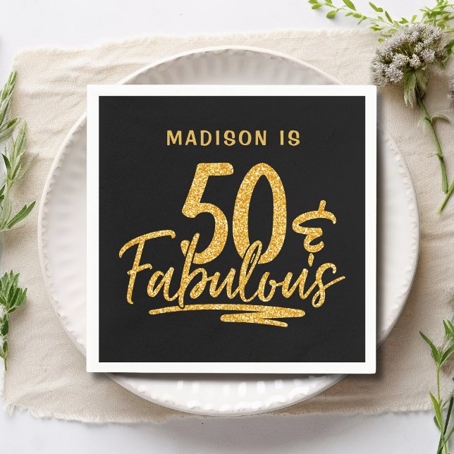 50 & Fabulous Gold Glitter 50th Birthday Name Napkins (Creator Uploaded)
