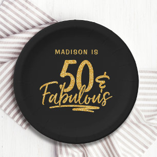 50 & Fabulous Gold Glitter 50th Birthday Name Paper Plates