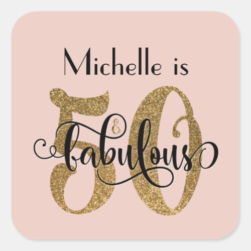 50  Fabulous Gold Glitter Birthday Blush Pink Square Sticker