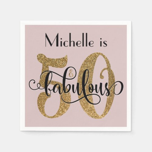 50  Fabulous Gold Glitter Birthday Dusty Rose Napkins